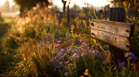 A wooden sign promoting local farmers beside wildflowers under a golden hour glow, evoking a rustic country vibe.の素材