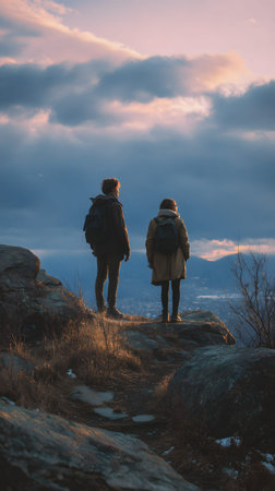 A couple experiences a serene and mindful hike along a cool climate mountain trail, surrounded by pastel tones and nature's beauty.の素材