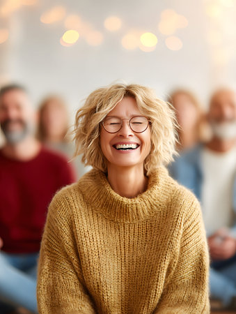 A cozy hygge lounge featuring plush cushions and warm beige-pink tones creates an emotional healing atmosphere during a group laughter therapy session.の素材