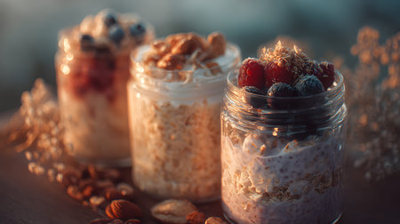 A overnight oats jars bursting with mixed berries, nuts, and seeds, radiating warm, golden hour tones.の素材