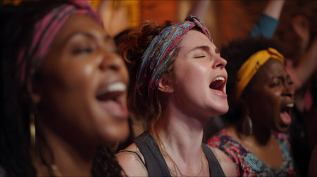 A young woman and friends singing passionately in lively community chant moment during colorful music gatheringの素材