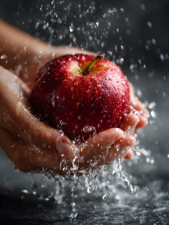 A hand washing apple under running water with droplets and hands showing food safety and freshnessの素材