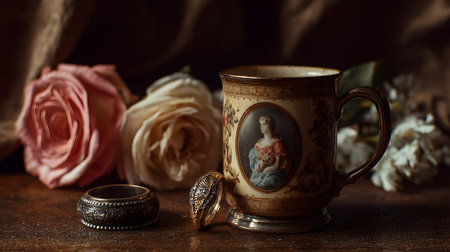 A victorian style porcelain mug with cameo portrait, decorative rings and roses on wooden table, warm moody still life sceneの素材