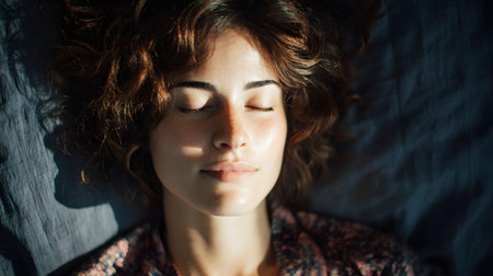 A serene moment of slow breathing and meditation in bed, eyes closed, inviting a calming aura for inner peace.の素材