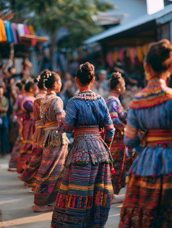 A northern thai dance traditional costume cultural festival ethnic textile street parade colorful dress group performance outdoor celebration localの素材