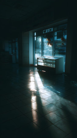 An empty retail store interior with glass display counter sunlight casting long reflections on tiled floor, moody cinematic low key atmosphereの素材