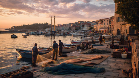 A mediterranean harbor dawn fishing boat fisherman fishing net old town stone pier sunrise calm sea coastal village. mediterranean harbor dawnの素材