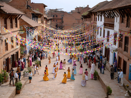 A festival village street dance celebration culture tradition costume nepal asia colorful festival village street dance celebration cultureの素材