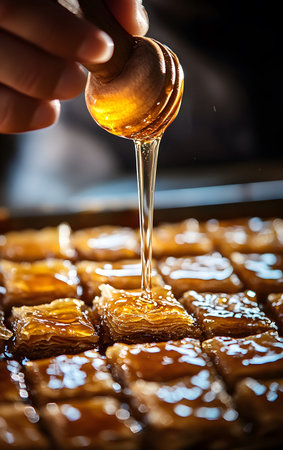 A close-up shot of honey drizzling over delicious, golden baklava pieces, showcasing rich textures and appetizing shine.の素材