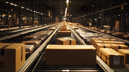 A conveyor system filled with packages in an industrial warehouse, showcasing efficient logistics and modern supply chain operations.の素材