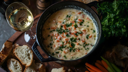 A delicious cheese fondue served with bread and fresh vegetables, paired with a glass of white wine, perfect for gatherings.の素材