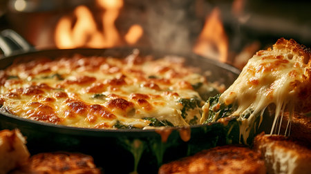 A delicious cheesy spinach dish bubbling hot, served with golden toasted bread, perfect for meal inspiration.の素材