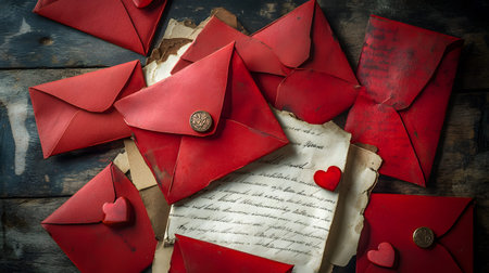 A collection of red envelopes resting on vintage letters, evoking feelings of romance and nostalgia in an artistic arrangement.の素材