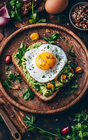 A delicious avocado toast topped with a fried egg, surrounded by fresh herbs and spices on a rustic wooden table.の素材