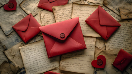 A collection of vintage letters and red envelopes, evoking nostalgia and romance through romantic correspondence and personal sentiments.の素材