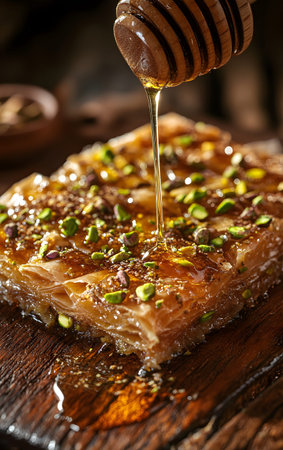 A delicious slice of baklava drizzled with honey and sprinkled with pistachios, perfect for dessert lovers.の素材