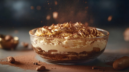 A delicious dessert layered with cream, chocolate, and crumbled cookies, garnished with chocolate shavings. Tiramisu served in an elegant glass dish with a rich texture.の素材