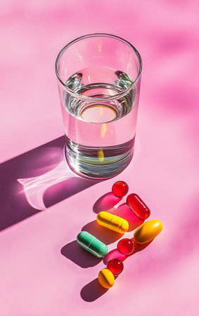 A glass of water and assorted colorful pills on a pink background, symbolizing health and wellness.の素材