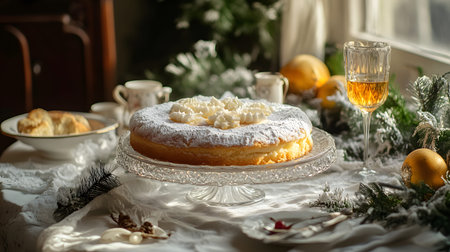 A beautifully arranged dessert table featuring a cake, tea, and fresh fruit, creating an inviting atmosphere for any celebration.の素材