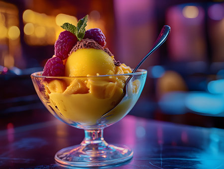 A vibrant dessert bowl filled with colorful sorbet topped with fresh berries and a mint leaf, perfect for summer indulgence.の素材