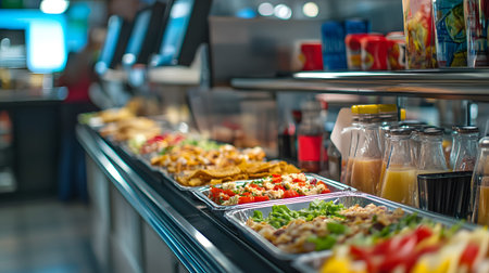 A vibrant display of assorted dishes and beverages, showcasing delicious food items in a lively dining environment.の素材