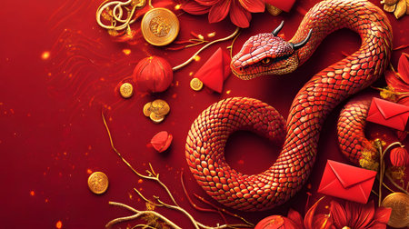 A vibrant illustration featuring a red snake intertwined with festive symbols, celebrating cultural traditions and prosperity.の素材