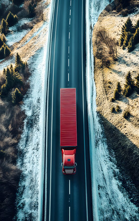 Aerial view of a red truck driving on a winding road through a snowy landscape, showcasing the beauty of transport in nature.の素材