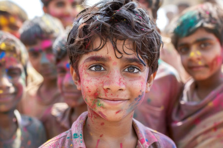 Portrait of a boy celebrating the Holi festival. Holi, the vibrant and joyous festival of colors. The word 'Holi' in India means bidding farewell to the old year.の素材