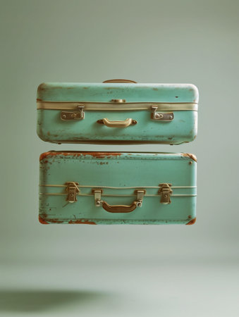 Levitating a vintage luggage on soft color background, freedom and ready to go traveling.の素材