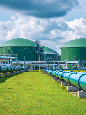 A biomethane plant pipeline digesters green domes gas storage industrial renewable energyの素材