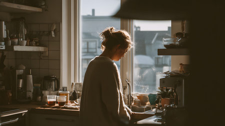 A cozy morning kitchen woman washing dishes by sunlit window in apartment, warm soft light and relaxed domestic sceneの素材