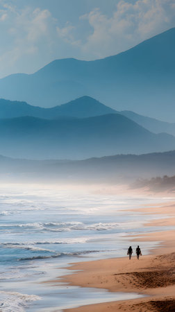 A two people walking on misty beach with layered blue mountains and soft wavesの素材