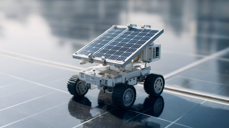 A solar panel cleaning robot on rooftop solar array reflecting light, compact autonomous rover cleaning photovoltaic panels with precisionの素材