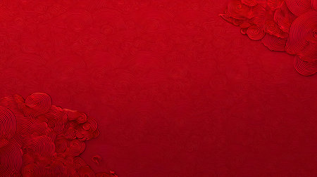 A red background with abstract swirl pattern and layered circular shapes creating dynamic and elegant design for festive or decorative useの素材