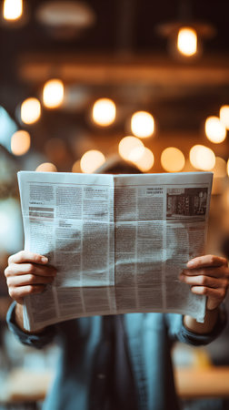 A man holding newspaper reading moment in cafe with warm bokeh lights and blurred background conveying calm focusの素材