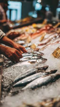 A fresh fish on ice display at seafood market with vendor hands arranging whole fish and price labels, busy market atmosphere and cold textureの素材