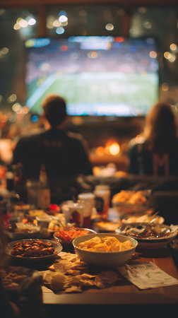 A party snacks bowl chips dip wings nachos football tv watch party friends cheering cozy living roomの素材