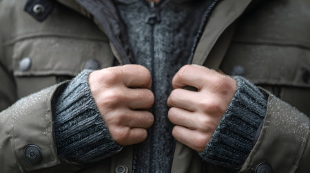 A winter jacket sweater hands zipping close up cold layering snowflakesの素材