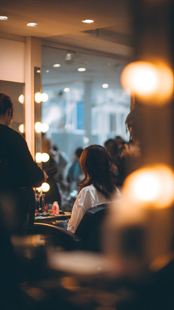 A salon client seated at vanity mirror with stylist preparing hair and makeup in warm backstage atmosphereの素材