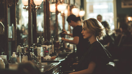 A young woman salon haircut stylist working mirrors vintage salon lighting contemplative moodの素材
