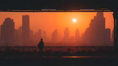 A bangkok skyline sunset commuter silhouette urban skyline sunset orange cityscape sun glowing skyline silhouetteの素材