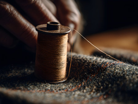 A warm brown thread spool on wool fabric with hand mending small tear, cozy textile repair and detailed needleworkの素材