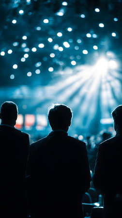 A business presentation conference projector light audience stage silhouette, corporate seminar in dark hall, spotlight beam and bokeh ceilingの素材