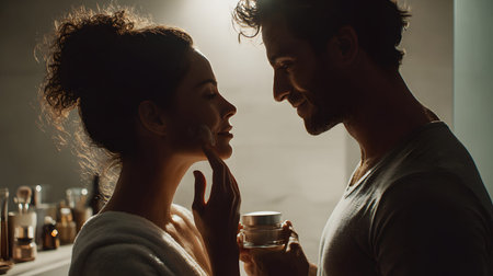 A young couple applying facial cream in bathroom at sunset, intimate skincare routine, soft backlight, cozy moodの素材