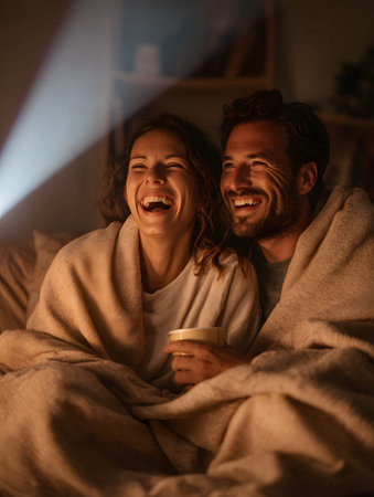 A couple movie night projector glow cozy blanket laughter at home enjoying film and hot drink romantic relaxed eveningの素材