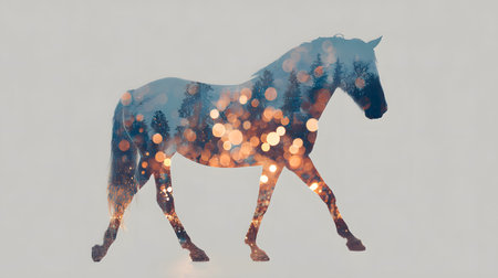 A double exposure horse silhouette forest bokeh light, creative animal art, tranquil mood, nature inspired, elegant compositionの素材