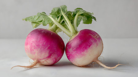 A pink and white whole watermelon radish with green leaves on light gray background, fresh vegetable still life with root and textureの素材