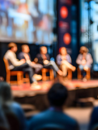A panel discussion on ai climate technology conference with blurred speakers on stage engaging audience in thoughtful dialogueの素材