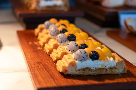 A fresh fruit tart pastry with cream and melon balls, blueberry, dragon fruit, flaky crust, elegant...