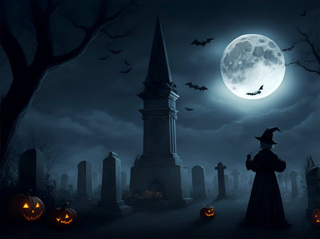 As the full moon on Halloween night appears overhead, the Witcher wears a witch's hat stand in front of the cemetery and looks at the large tombstone.の素材